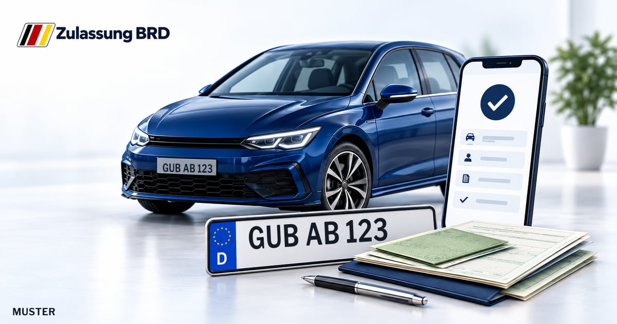 Online Fahrzeugzulassung in Guben: Musterkennzeichen GUB AB 123, Auto und Fahrzeugpapiere und Smartphone. Illustration mit Logo von Zulassung BRD.